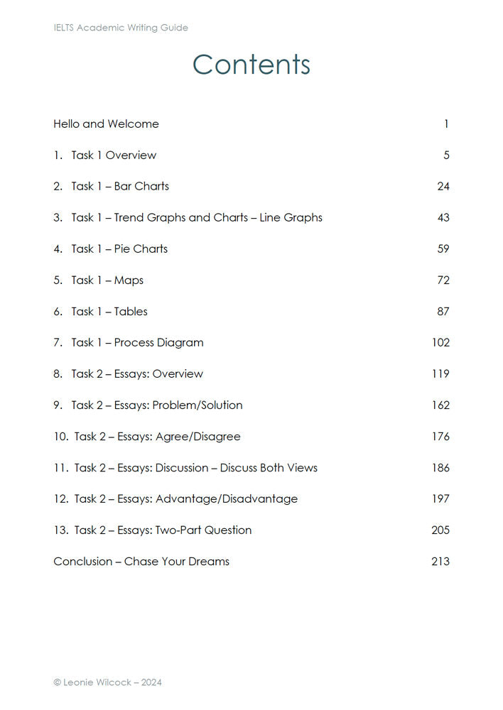 Contents page of the IELTS Academic Writing Guide eBook.