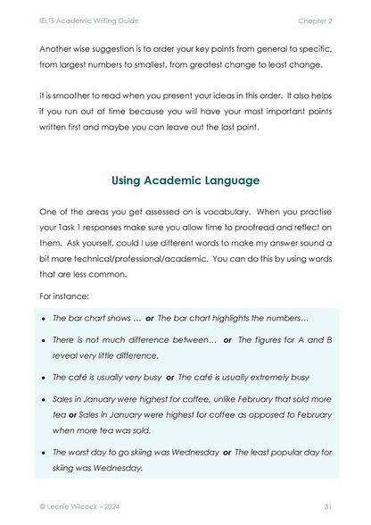 Page 31 of the IELTS Academic Writing Guide eBook featuring advice on using academic language in the IELTS test.